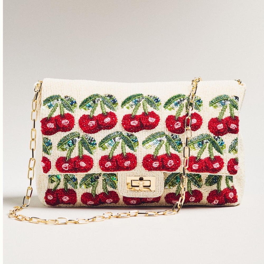 🍒Anthropologie Beaded Purse Maeve Oversized Shoulder Bag New Novelty Gold Cherry